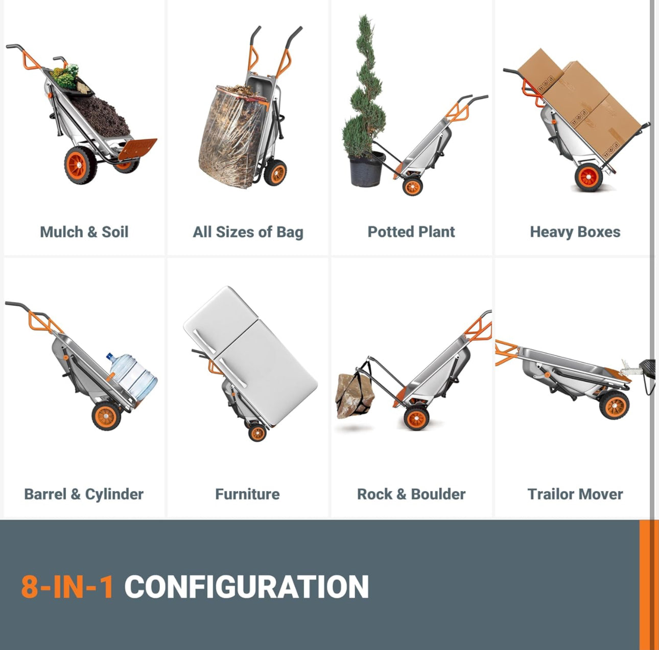 Worx WG050 8-in-1 Aerocart Garden Cart/Wheelbarrow Heavy Duty/Dolly - Gardenhome